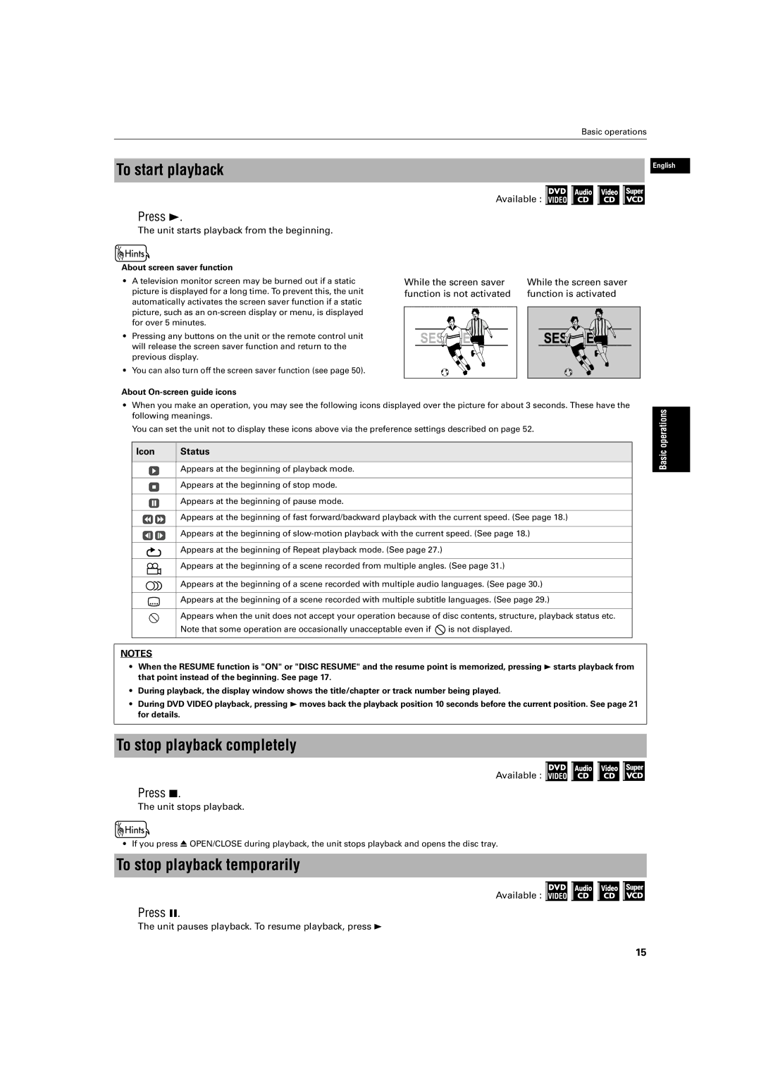 JVC XV-S500BK manual To start playback, To stop playback completely, To stop playback temporarily, Press, Icon Status 