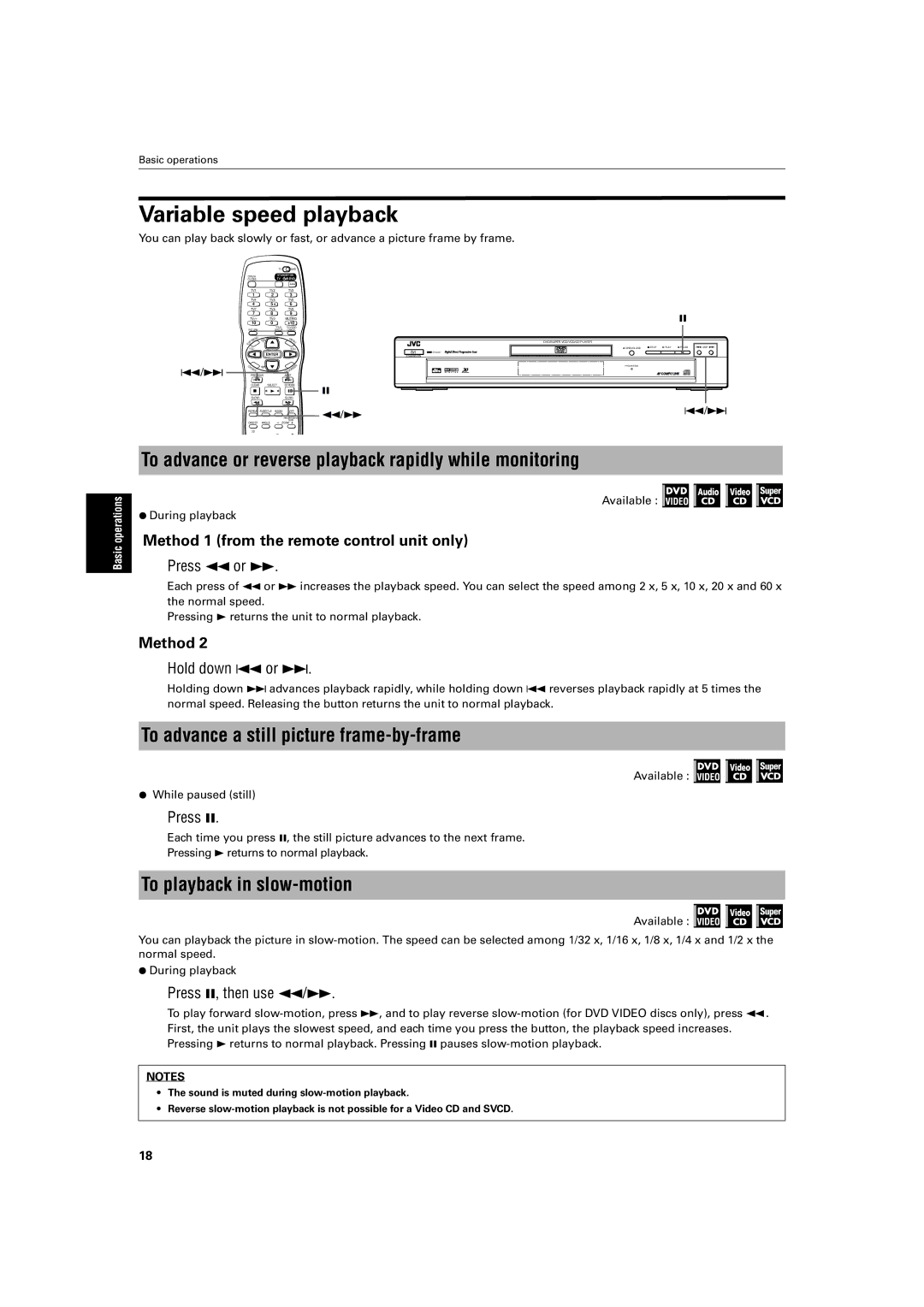 JVC XV-S500BK Variable speed playback, To advance or reverse playback rapidly while monitoring, To playback in slow-motion 