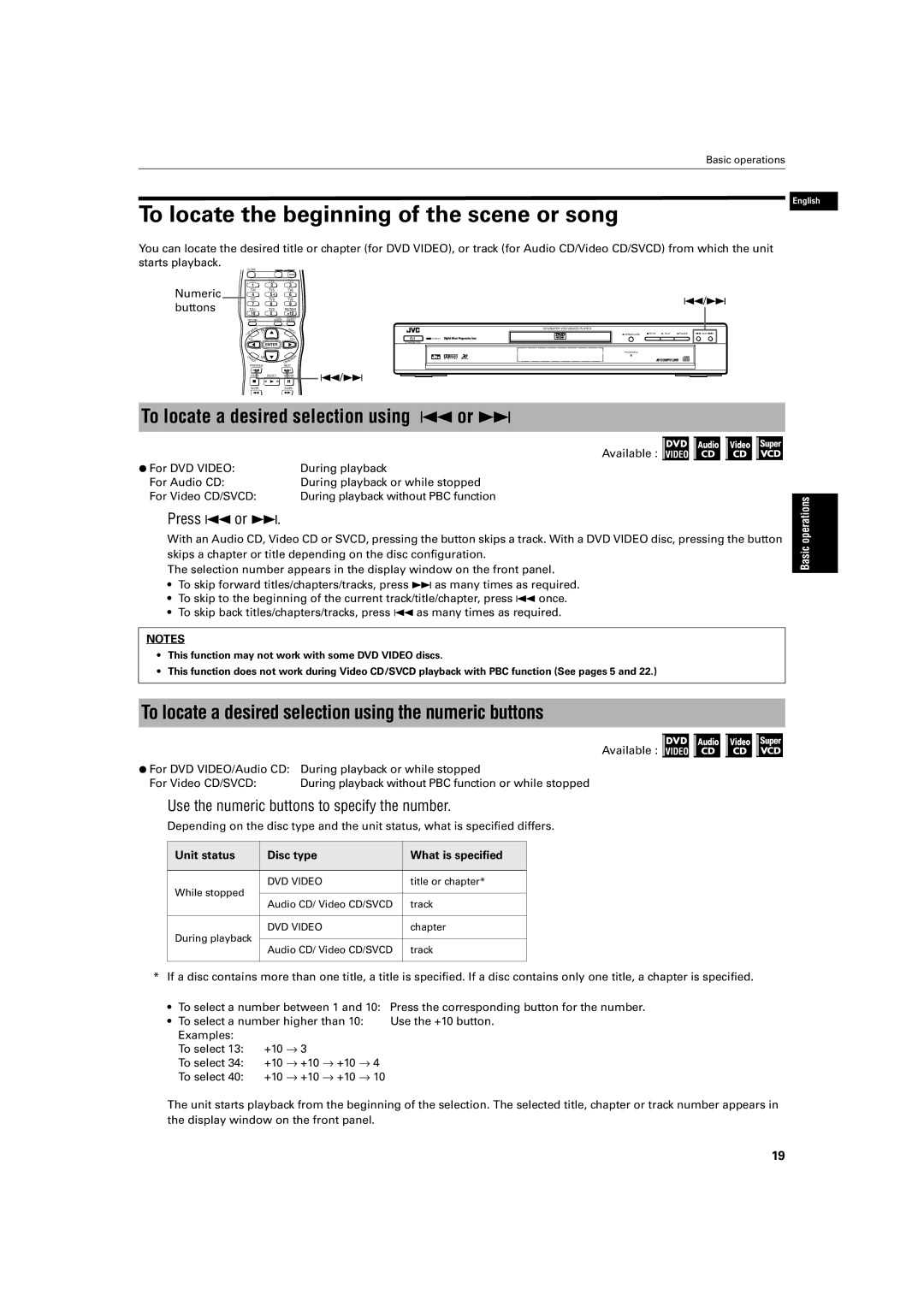 JVC XV-S500BK manual To locate the beginning of the scene or song, To locate a desired selection using 4 or ¢, Press 4 or ¢ 