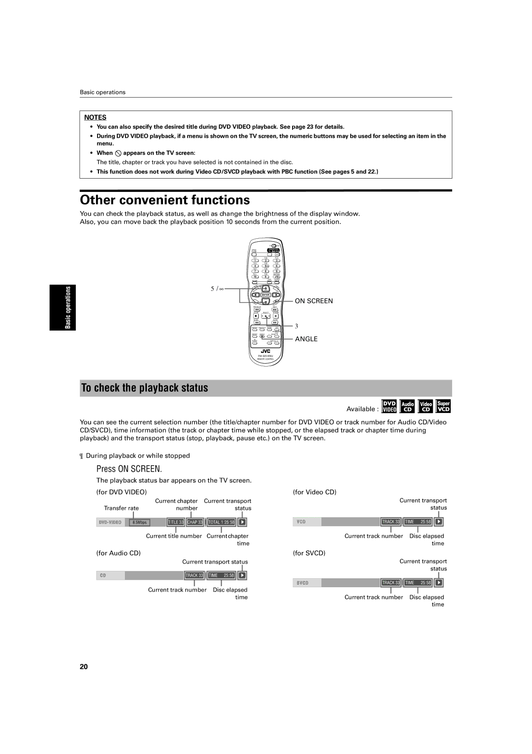 JVC XV-S500BK manual Other convenient functions, To check the playback status, Press on Screen, On Screen Angle 