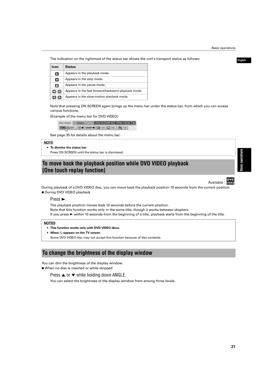 JVC XV-S500BK manual To change the brightness of the display window, Press 5 or ∞ while holding down Angle 