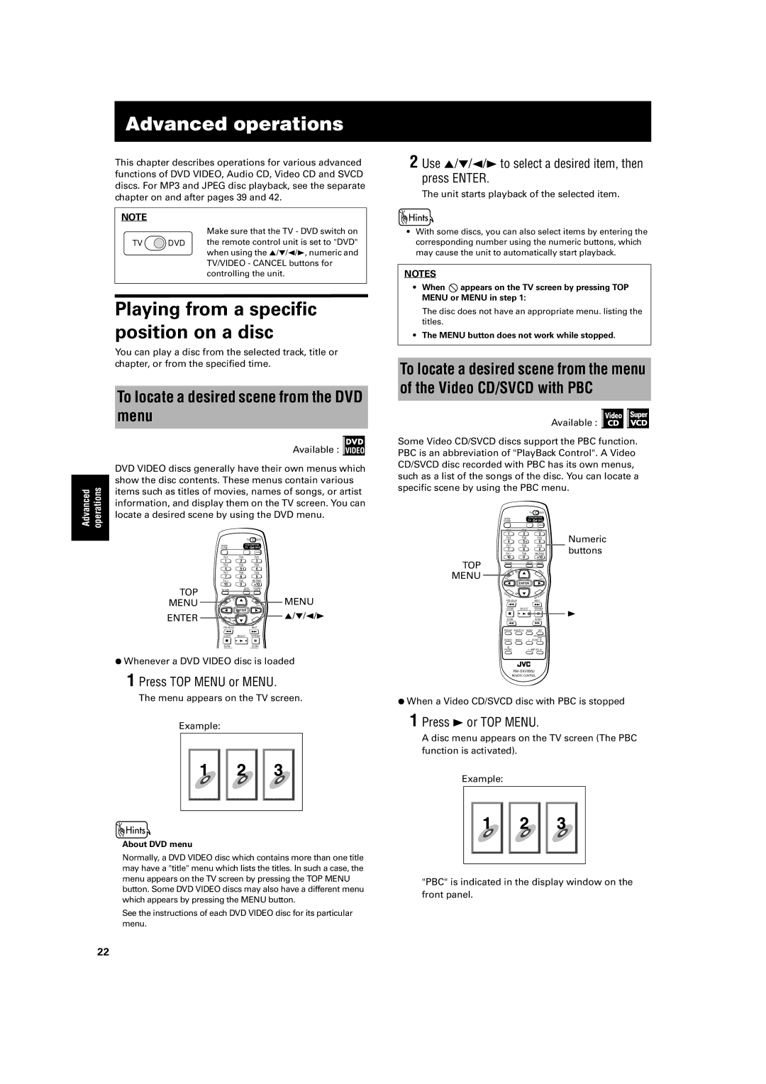 JVC XV-S500BK manual Advanced operations, To locate a desired scene from the DVD menu, Press TOP Menu or Menu 