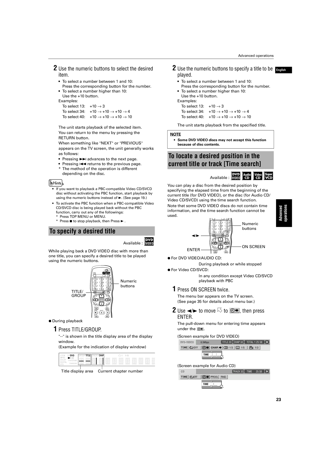 JVC XV-S500BK manual To specify a desired title, Use the numeric buttons to select the desired item, Press on Screen twice 