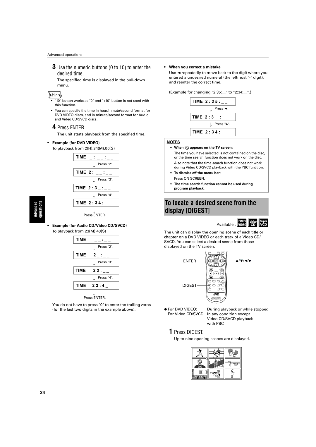 JVC XV-S500BK To locate a desired scene from the display Digest, Use the numeric buttons 0 to 10 to enter the desired time 