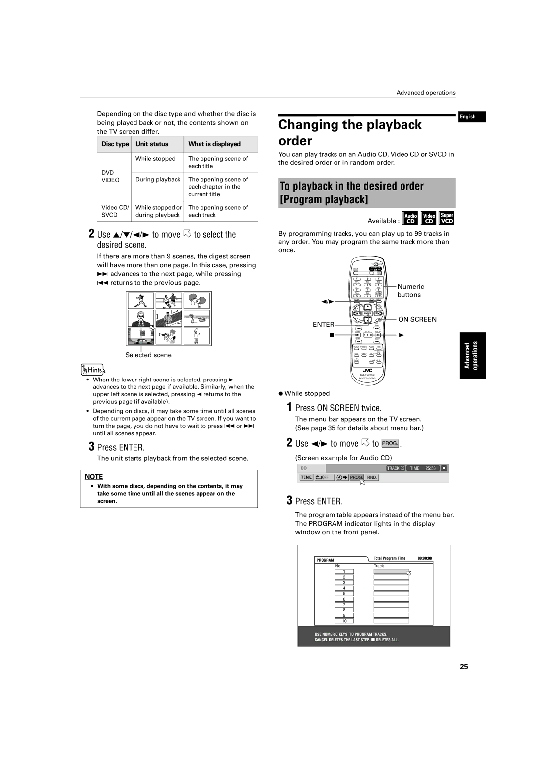 JVC XV-S500BK Changing the playback order, To playback in the desired order Program playback, Use 2/3 to move to Prog 