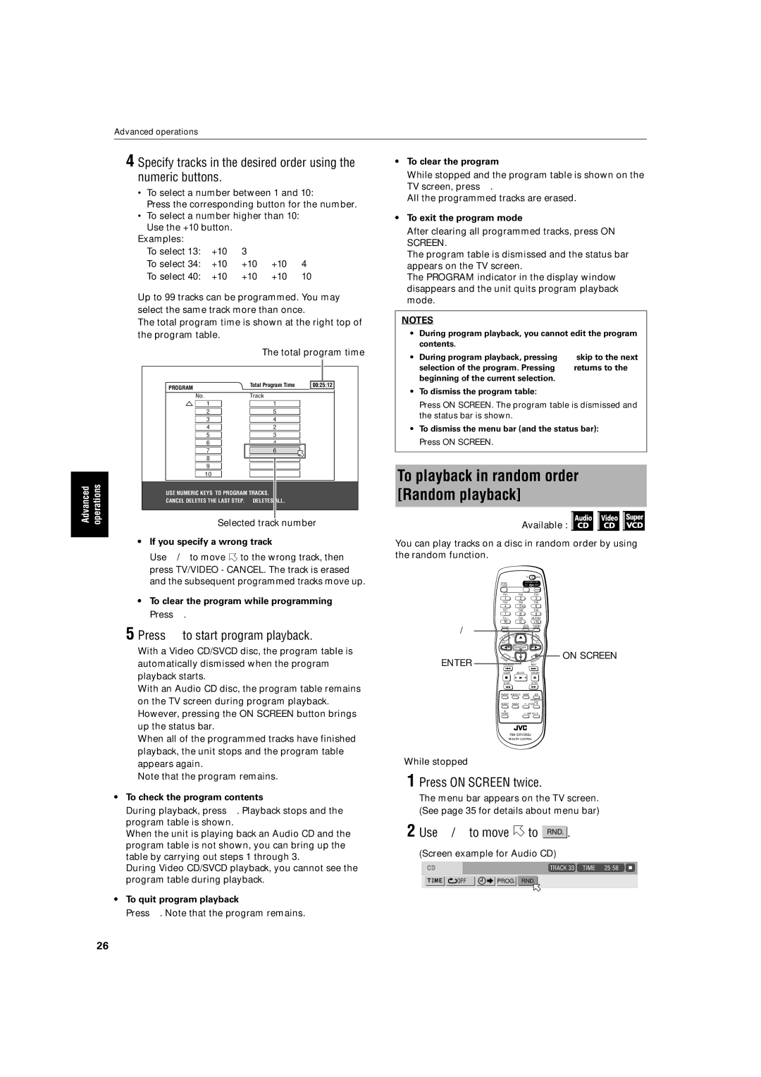 JVC XV-S500BK To playback in random order, Random playback, Press 3 to start program playback, Use 2/3 to move to RND 