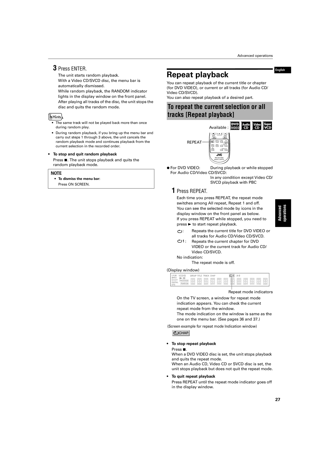 JVC XV-S500BK manual Repeat playback, Press Repeat, To stop and quit random playback, To stop repeat playback Press 