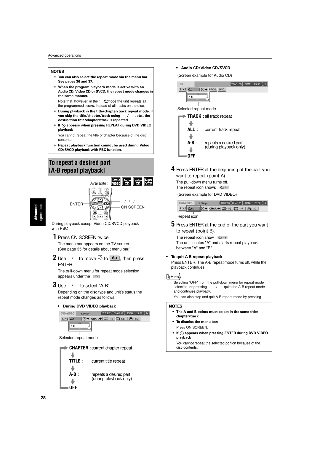 JVC XV-S500BK manual Use 5/∞ to select A-B, During DVD Video playback, Audio CD/Video CD/SVCD, To quit A-B repeat playback 