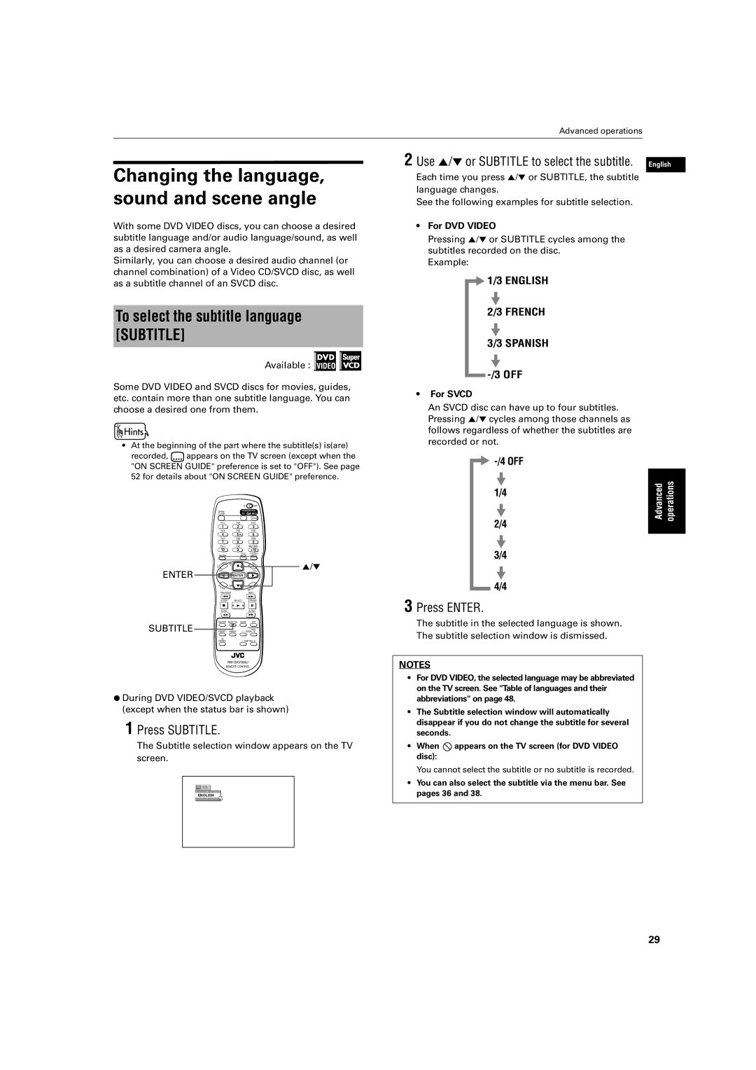 JVC XV-S500BK manual Changing the language, sound and scene angle, To select the subtitle language Subtitle, Press Subtitle 