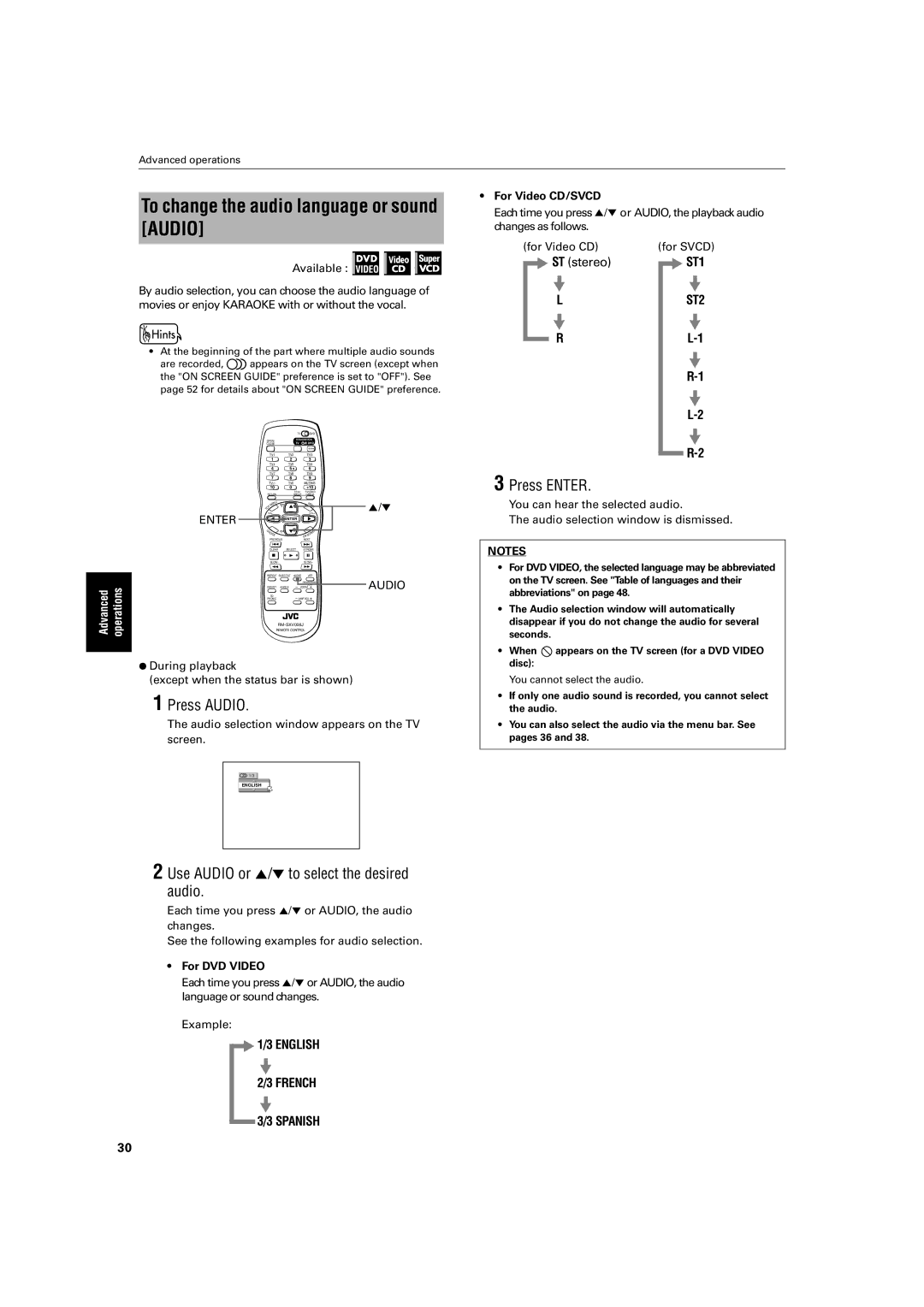 JVC XV-S500BK manual To change the audio language or sound Audio, Press Audio, Use Audio or 5/∞ to select the desired audio 