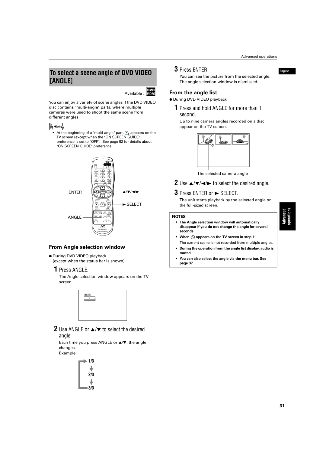 JVC XV-S500BK manual To select a scene angle of DVD Video Angle, From the angle list, From Angle selection window 