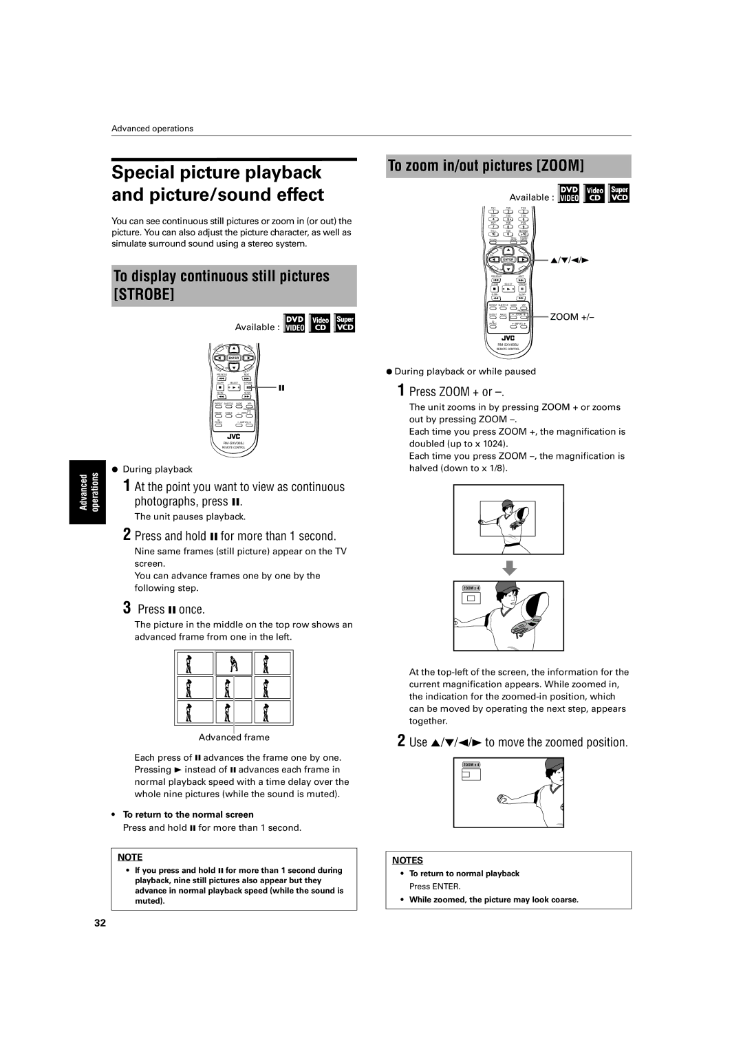 JVC XV-S500BK manual Special picture playback and picture/sound effect, To display continuous still pictures Strobe 