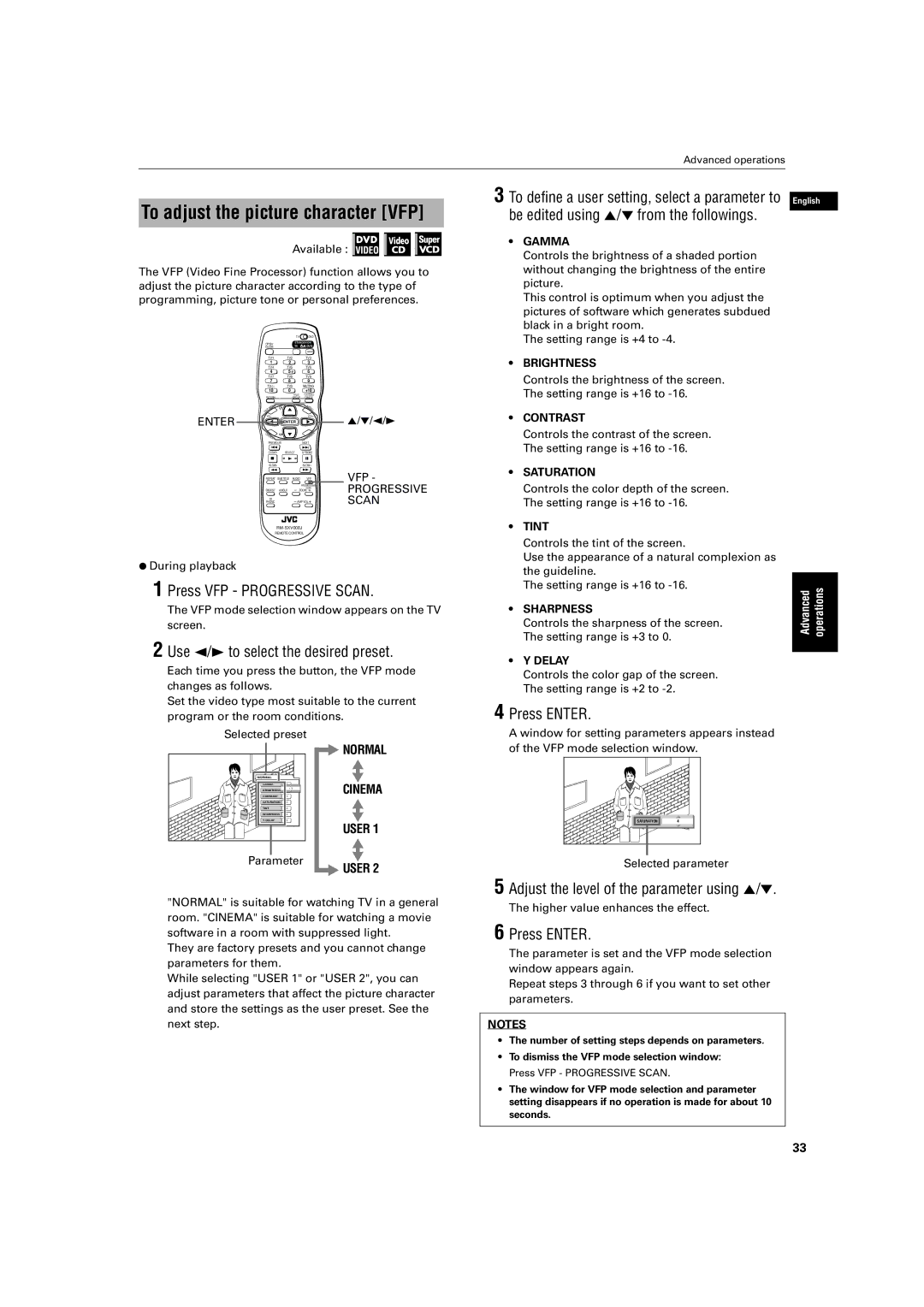 JVC XV-S500BK manual To adjust the picture character VFP, Press VFP Progressive Scan, Use 2/ 3 to select the desired preset 