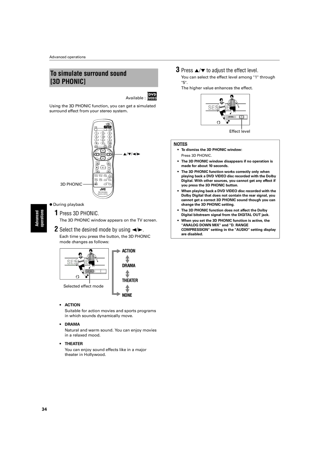 JVC XV-S500BK manual To simulate surround sound 3D Phonic, Press 3D Phonic, Select the desired mode by using 2/3 