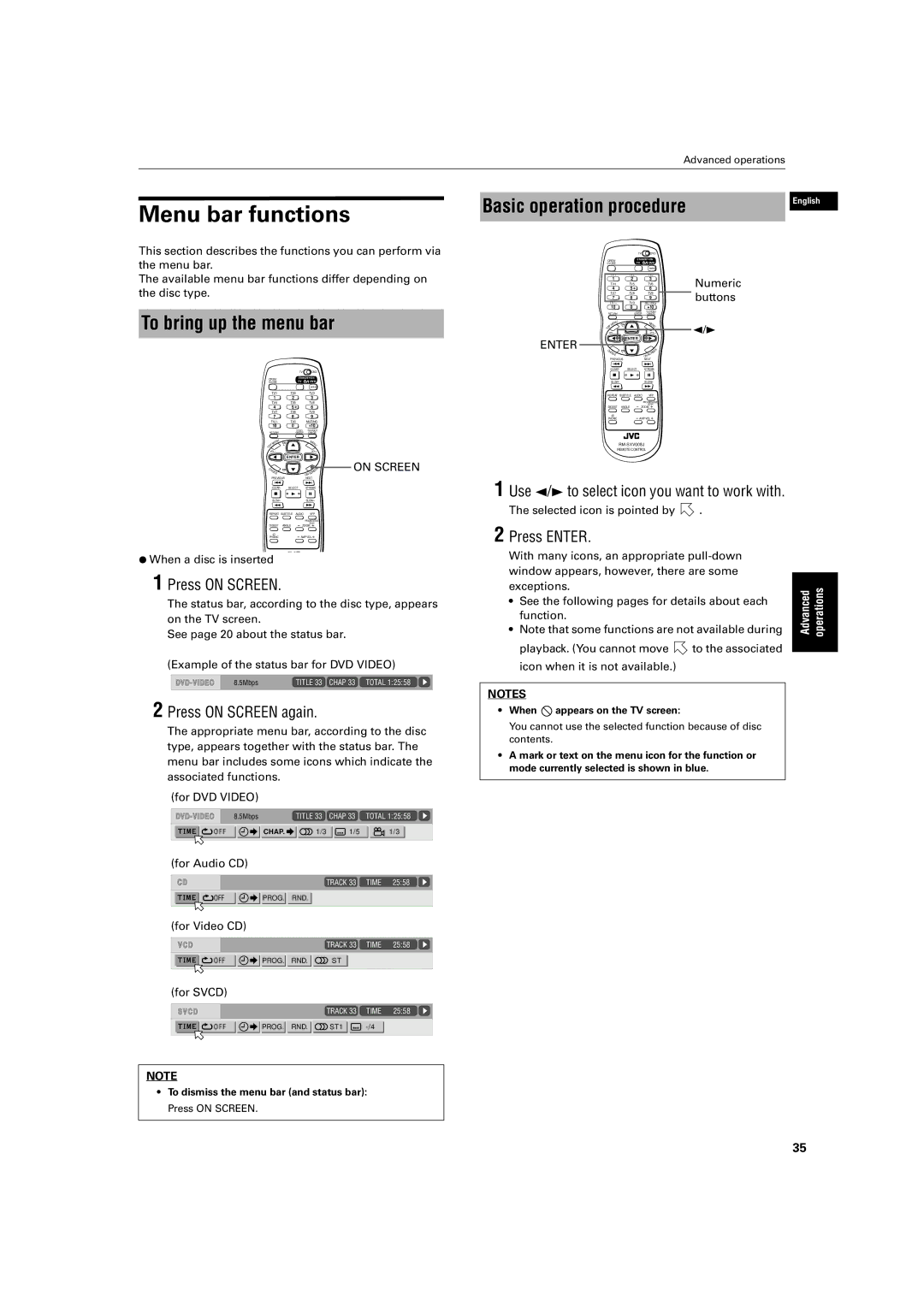 JVC XV-S500BK manual Menu bar functions, To bring up the menu bar, Use 2/3 to select icon you want to work with 