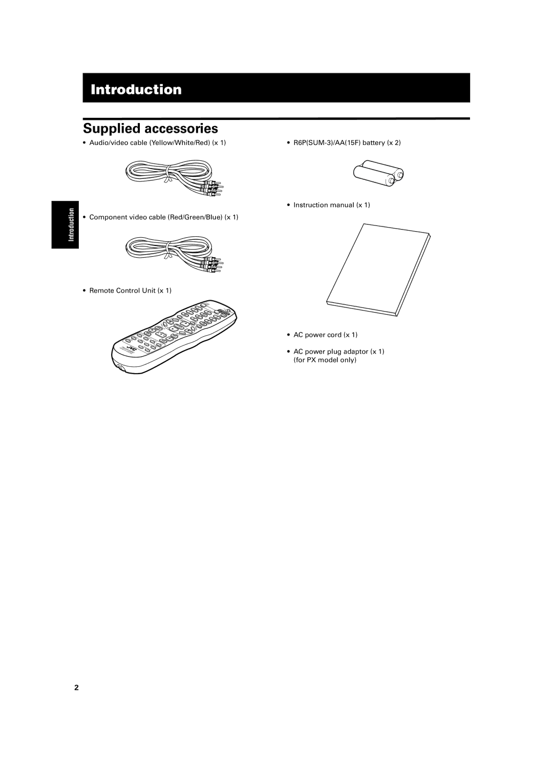 JVC XV-S500BK manual Introduction, Supplied accessories, R6PSUM-3/AA15F battery x AC power cord x 