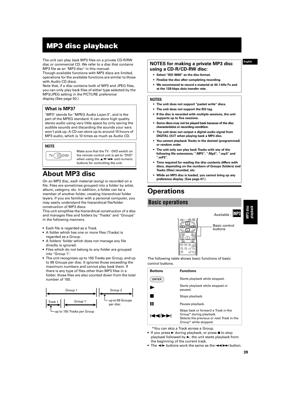 JVC XV-S500BK manual MP3 disc playback, About MP3 disc, Operations, Basic operations 