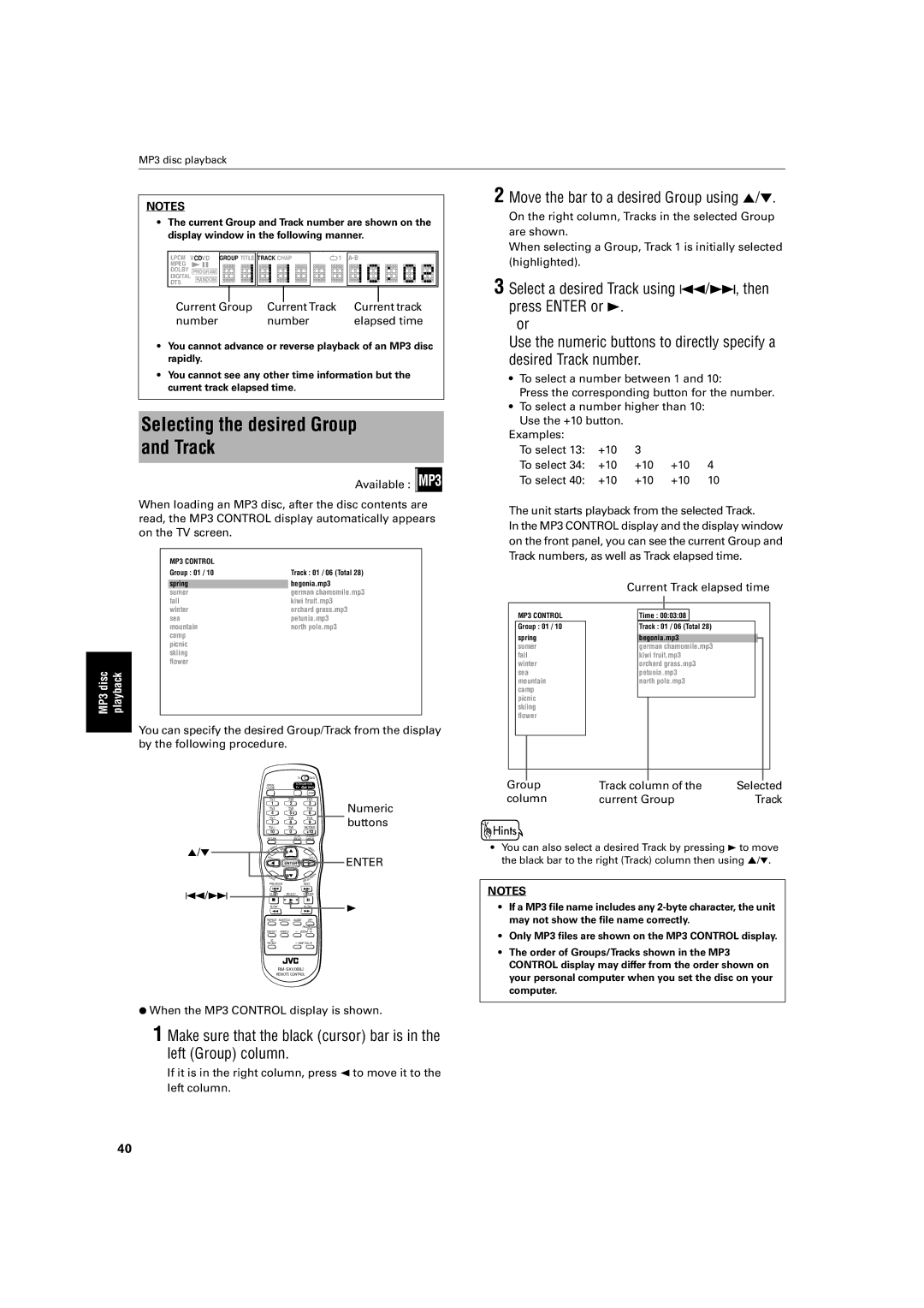 JVC XV-S500BK manual Selecting the desired Group and Track, Move the bar to a desired Group using 5/∞ 