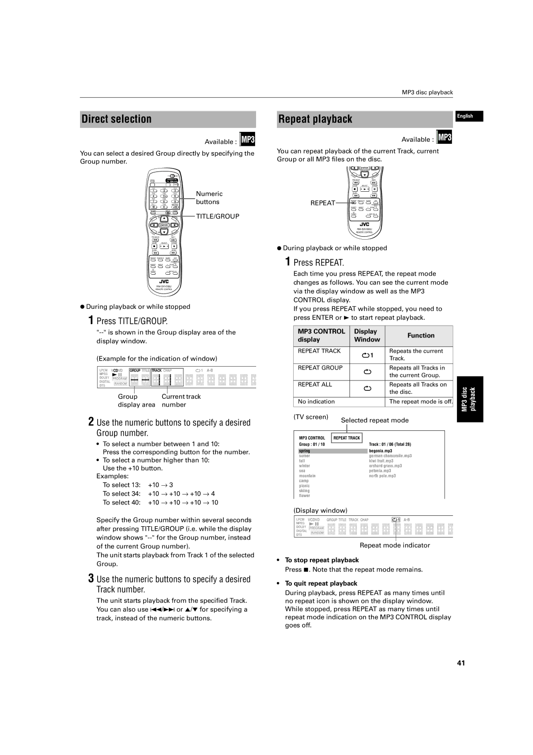 JVC XV-S500BK manual Direct selection, Use the numeric buttons to specify a desired Group number, MP3 Control 