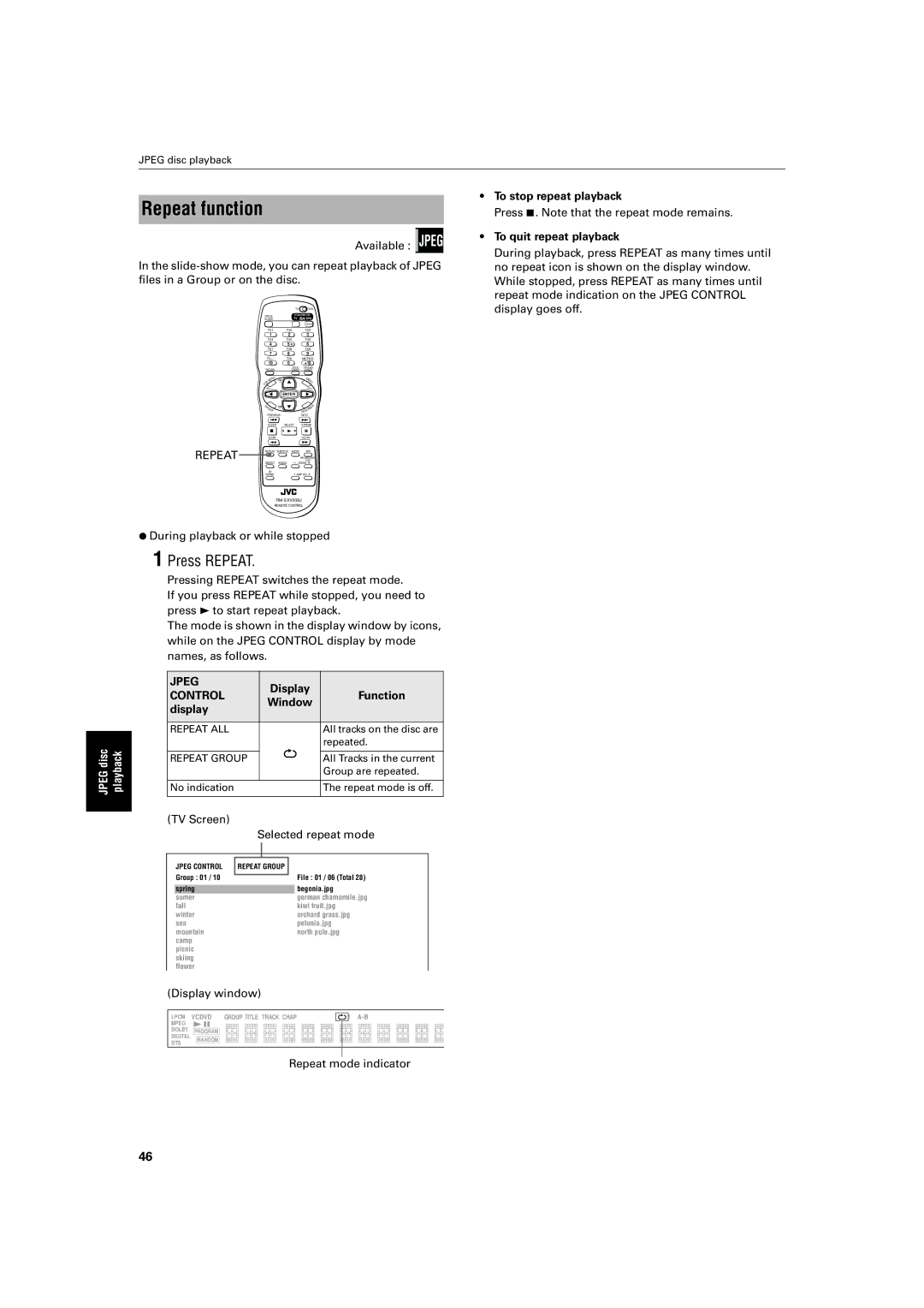 JVC XV-S500BK manual Repeat function, Jpeg, Display, Control, TV Screen Selected repeat mode 