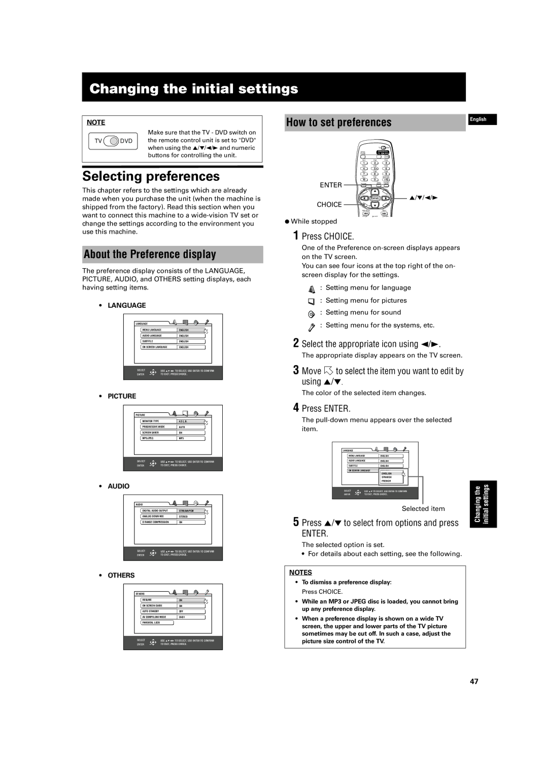 JVC XV-S500BK manual Changing the initial settings, Selecting preferences, About the Preference display 