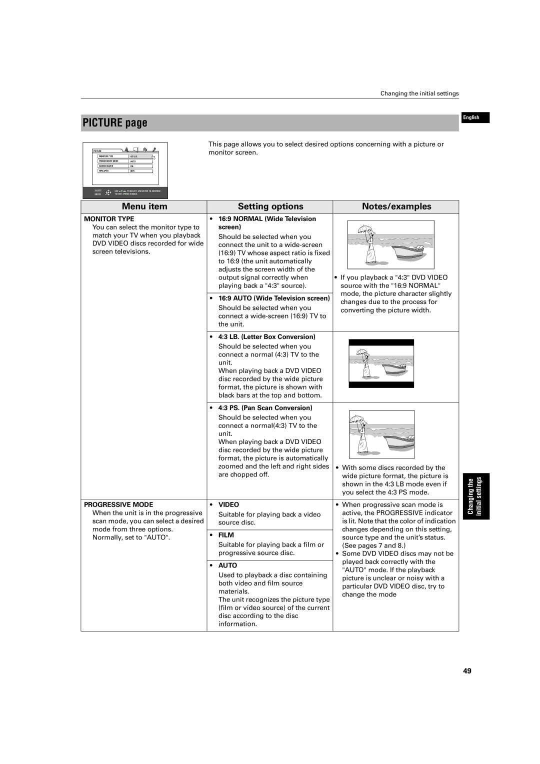 JVC XV-S500BK manual Picture, Monitor Type, Progressive Mode Video, Film, Auto 