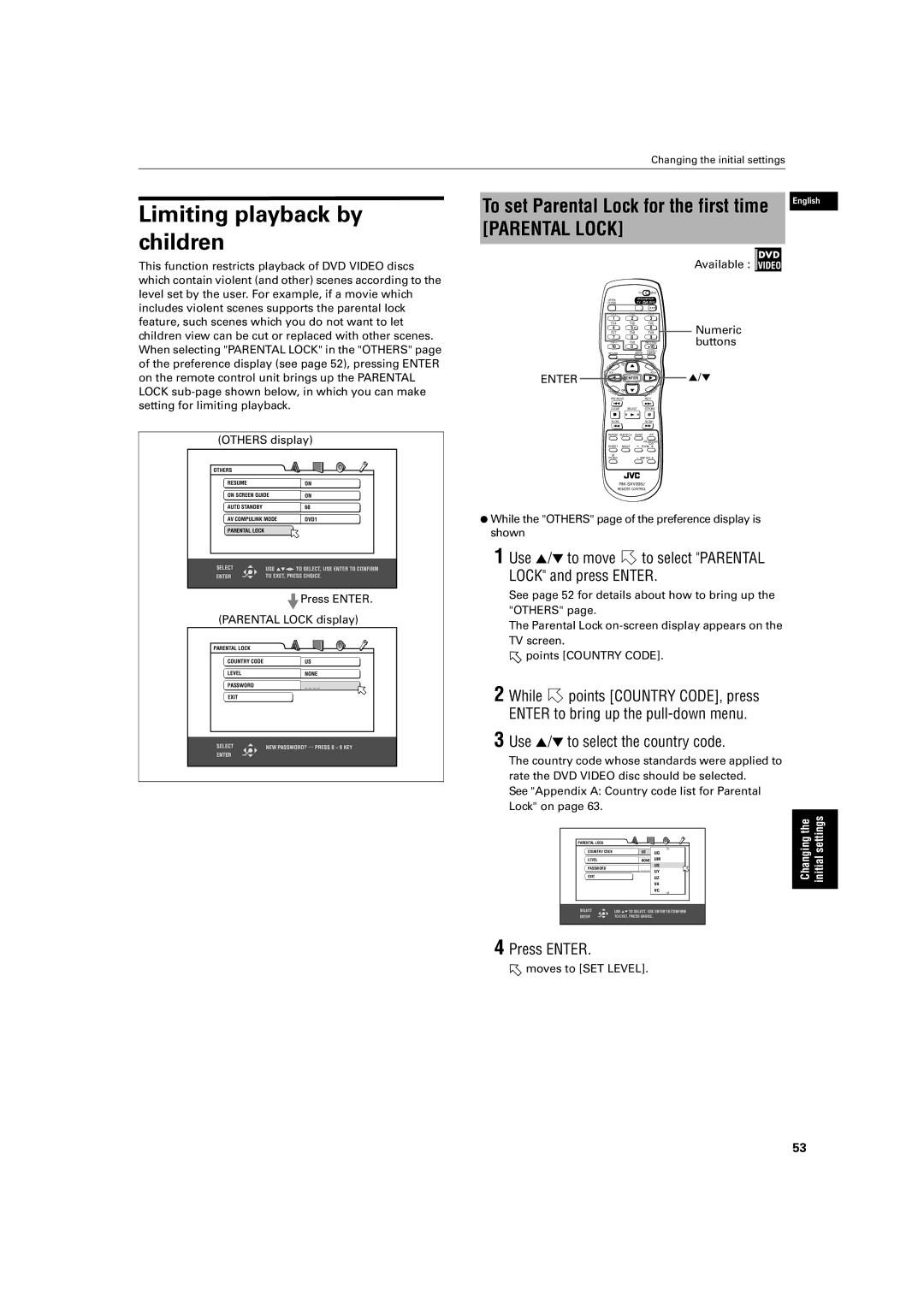 JVC XV-S500BK manual Limiting playback by children, Use 5/∞ to select the country code, Press Enter Parental Lock display 