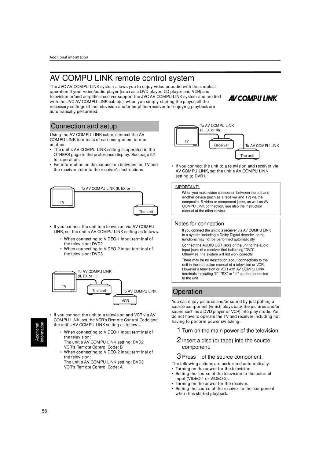 JVC XV-S500BK manual AV Compu Link remote control system, Connection and setup, Operation 