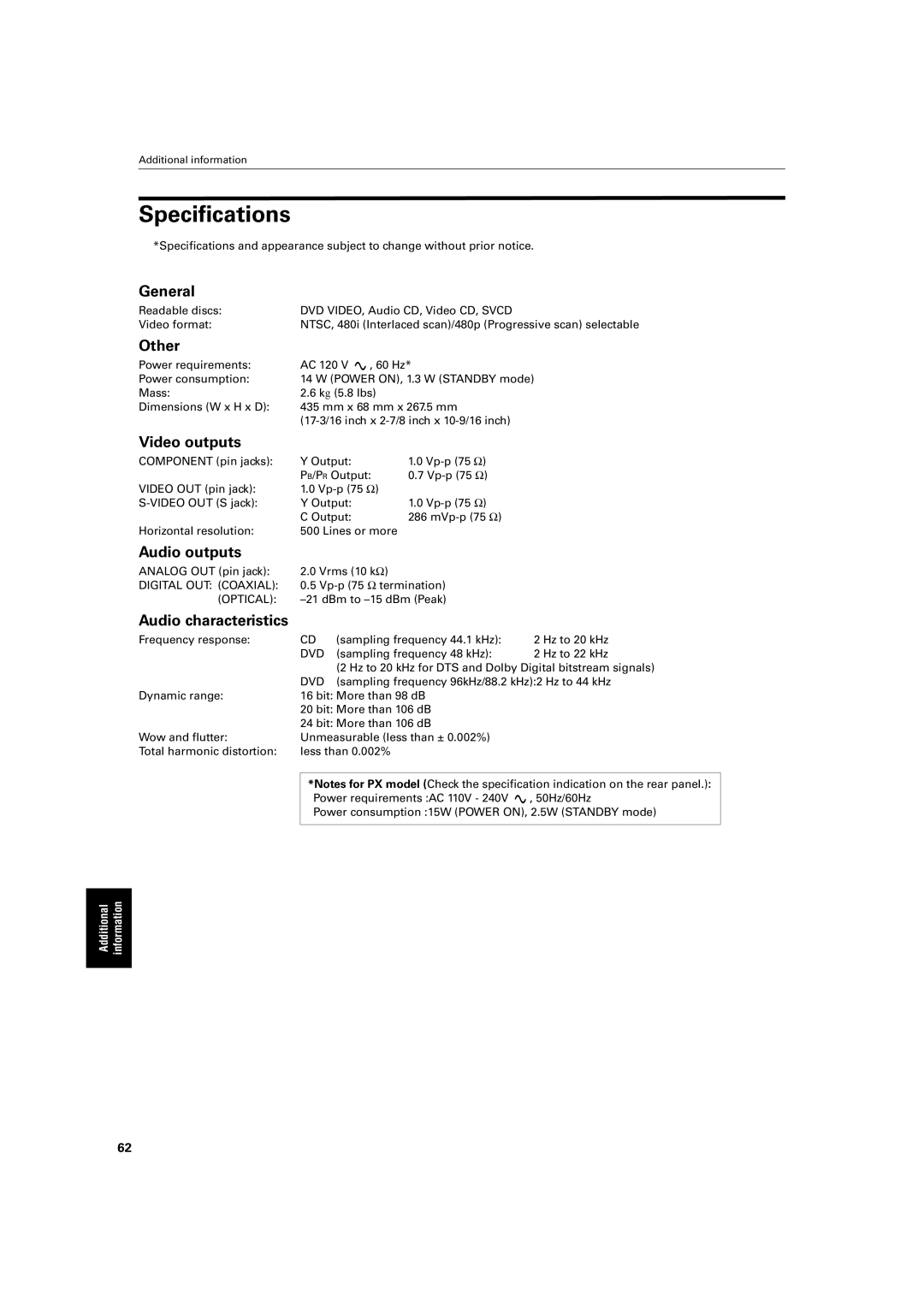 JVC XV-S500BK manual Specifications 