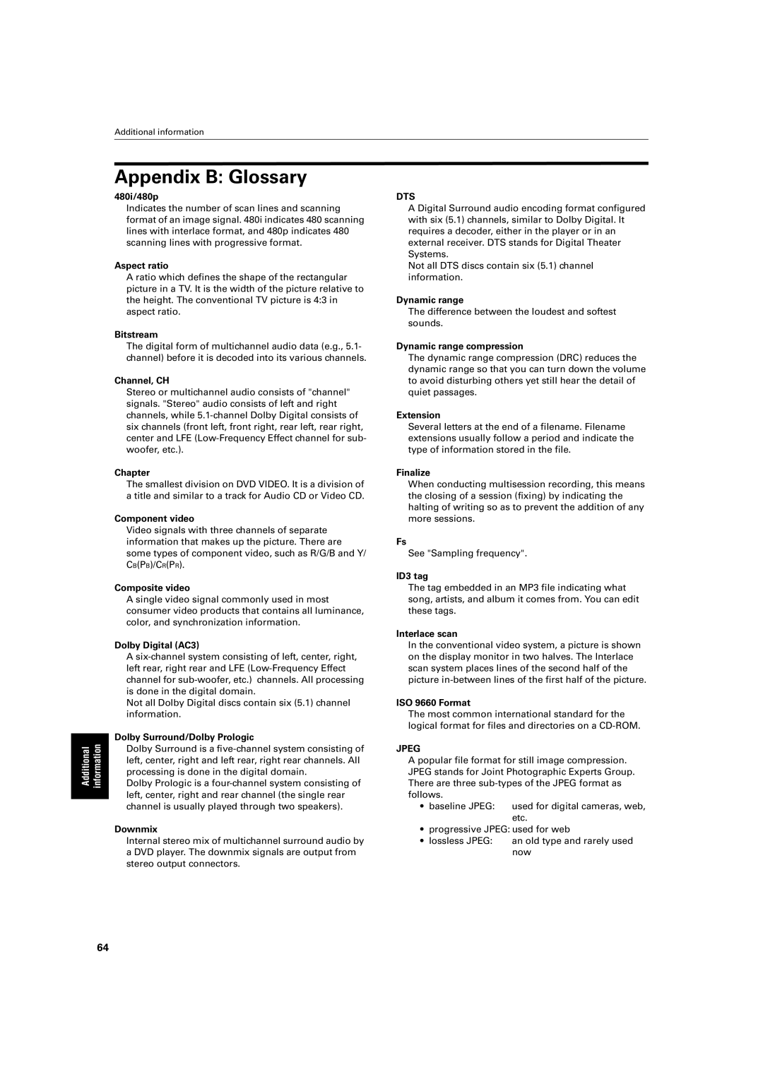 JVC XV-S500BK manual Appendix B Glossary, Dts 