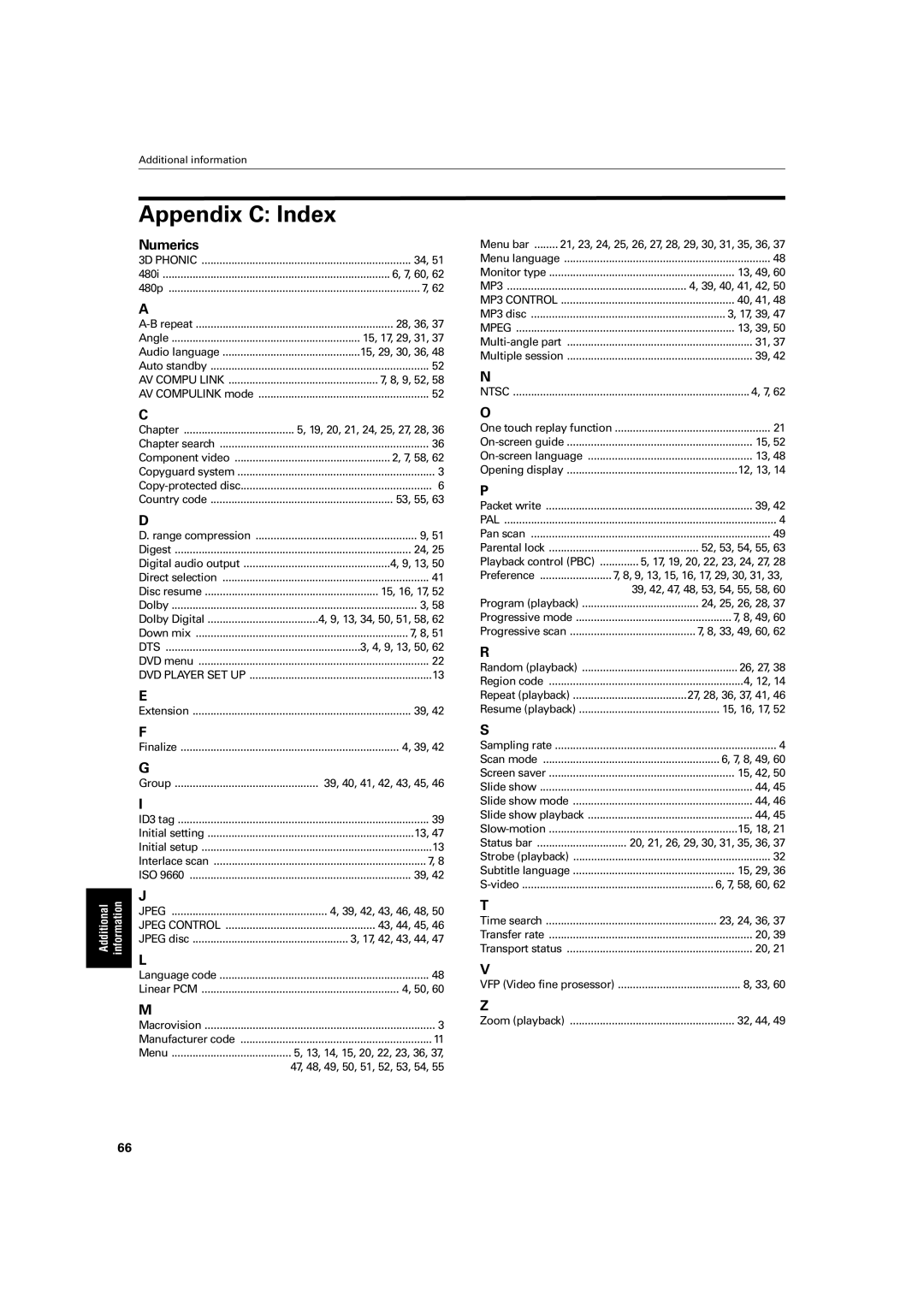 JVC XV-S500BK manual Appendix C Index 