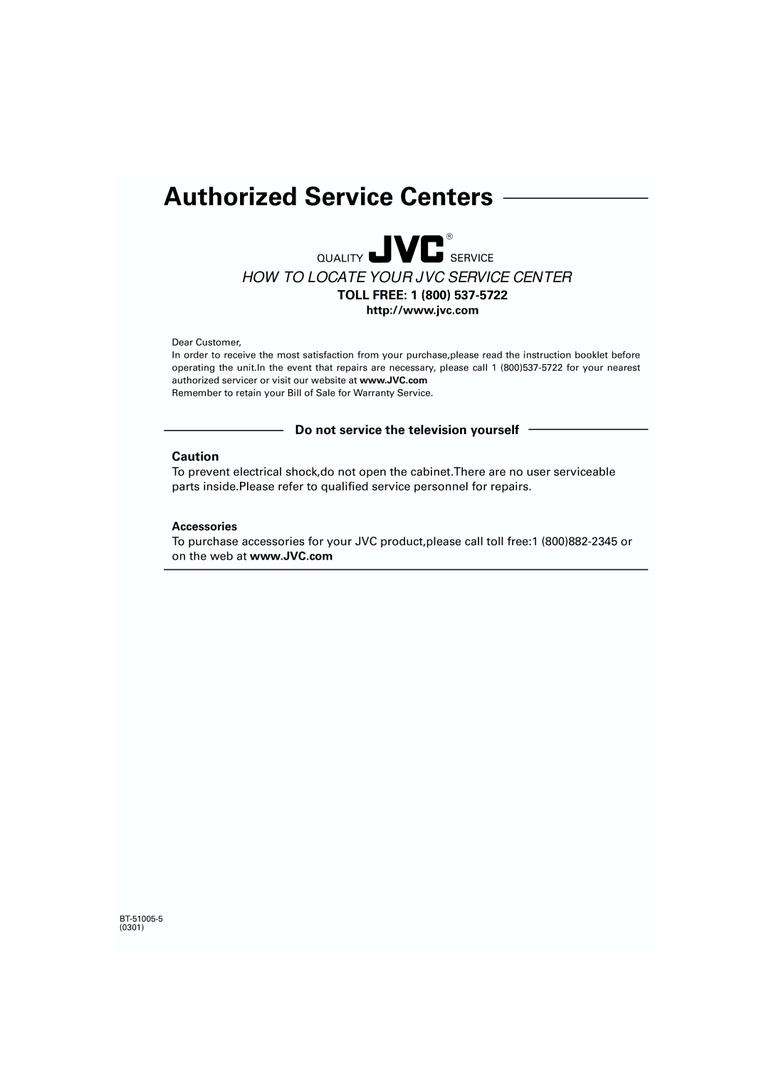 JVC XV-S500BK manual Authorized Service Centers 