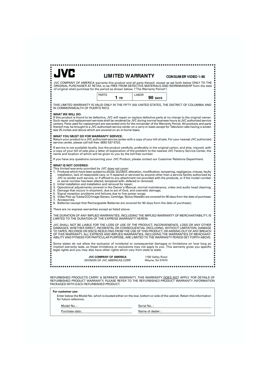 JVC XV-S500BK manual Limited Warranty 