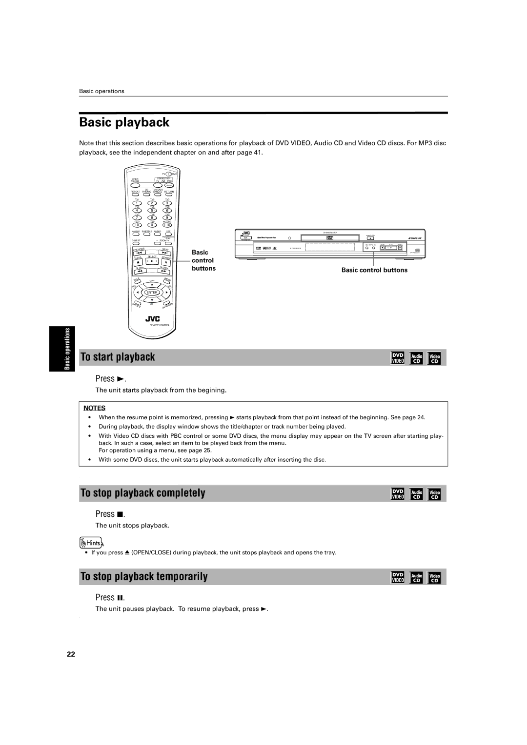 JVC XV-S60 manual Basic playback, To start playback, To stop playback completely, To stop playback temporarily, Press 