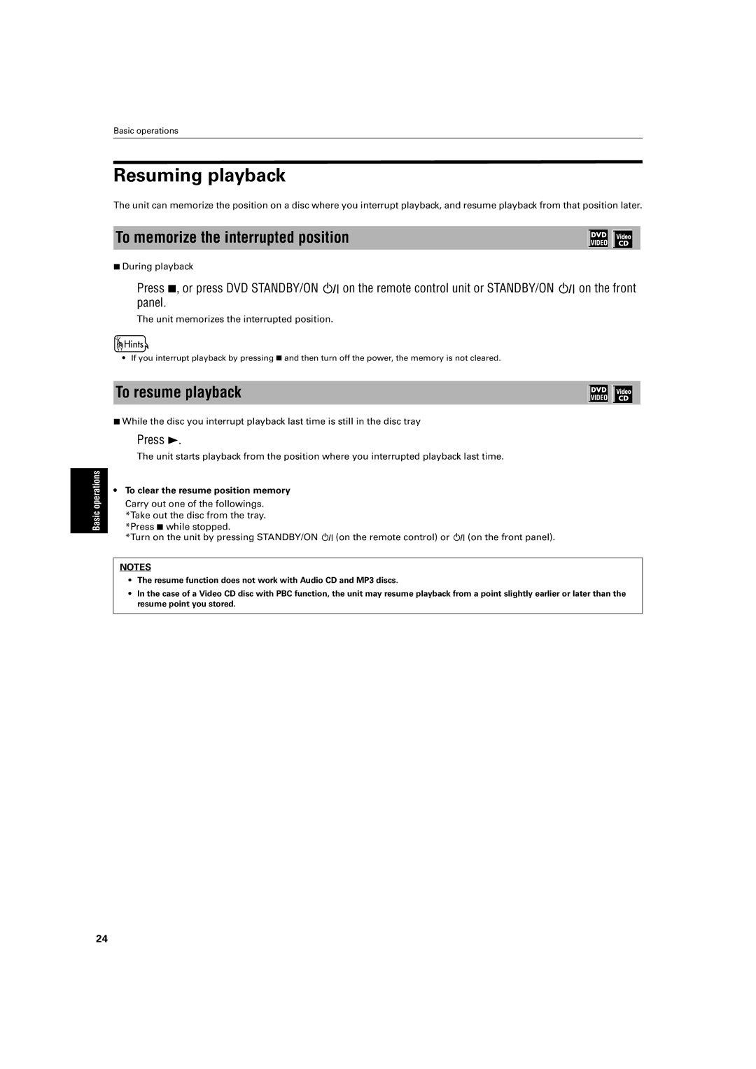 JVC XV-S60 manual Resuming playback, To memorize the interrupted position, To resume playback 