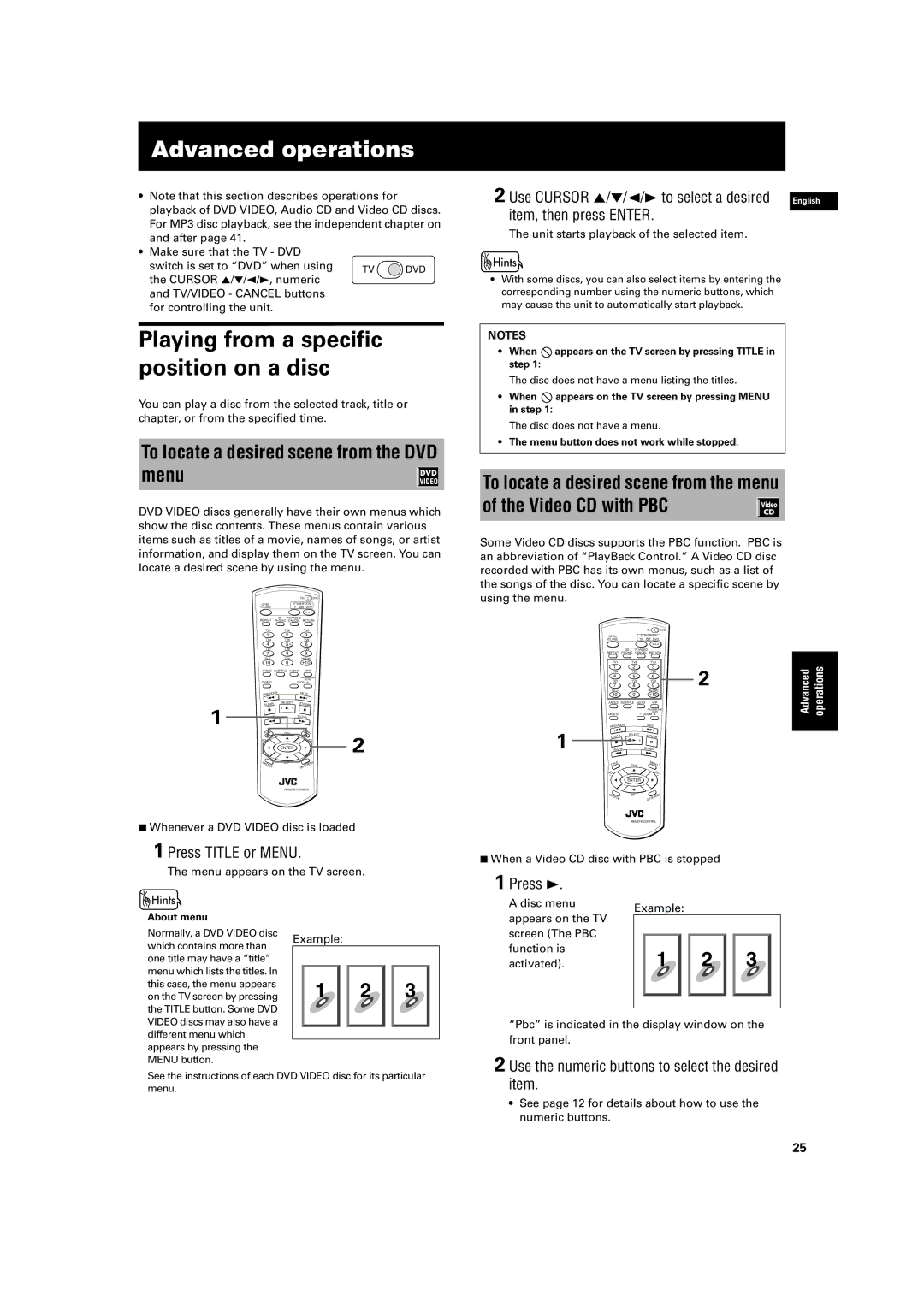 JVC XV-S60 manual Advanced operations, To locate a desired scene from the DVD menu, Press Title or Menu, Example 