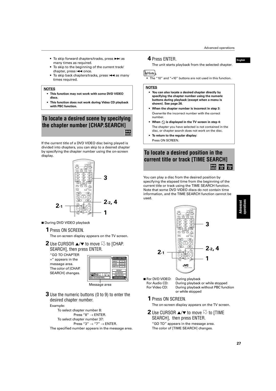 JVC XV-S60 manual Press on Screen, Use Cursor 5/∞ to move to Time SEARCH, then press Enter, Message area 