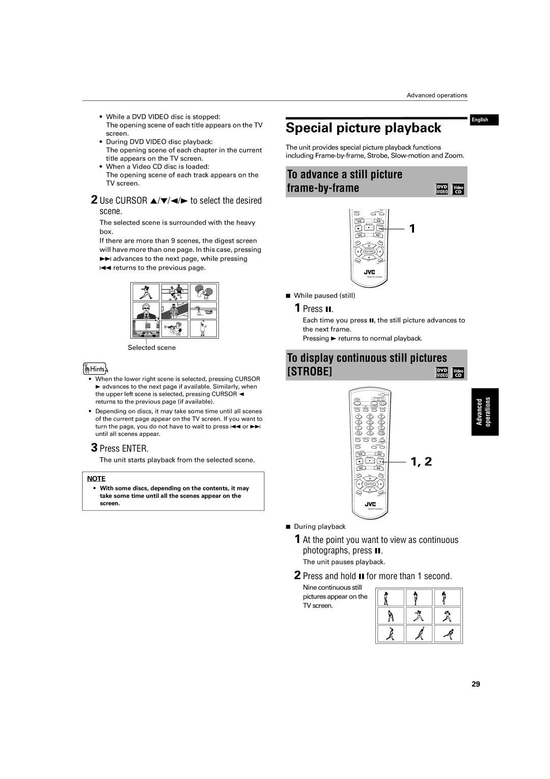 JVC XV-S60 Special picture playback, To display continuous still pictures Strobe, Press and hold 8 for more than 1 second 