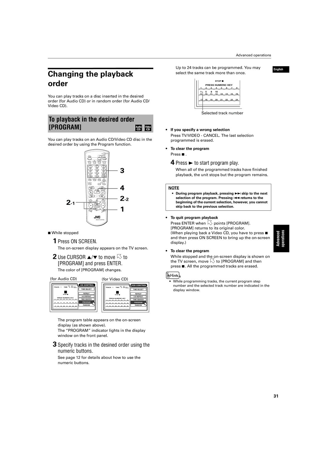 JVC XV-S60 manual Changing the playback order, To playback in the desired order Program, Press 3 to start program play 