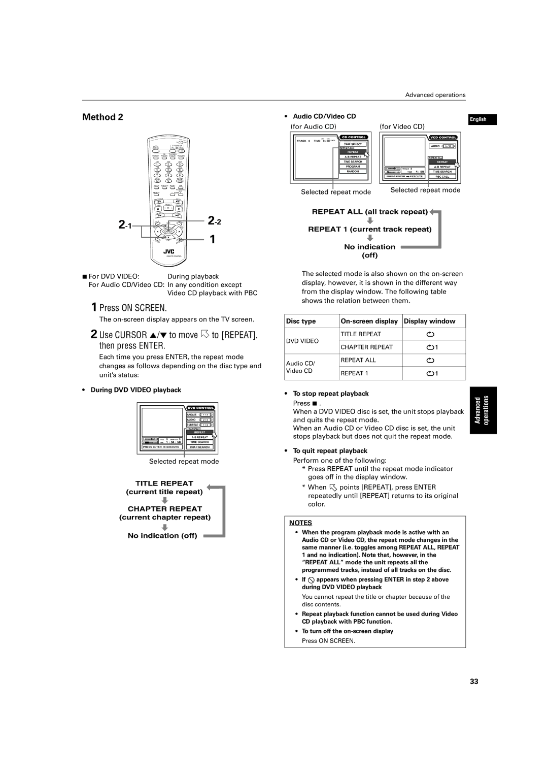 JVC XV-S60 manual Use Cursor 5/∞ to move to REPEAT, then press Enter, Audio CD/Video CD 