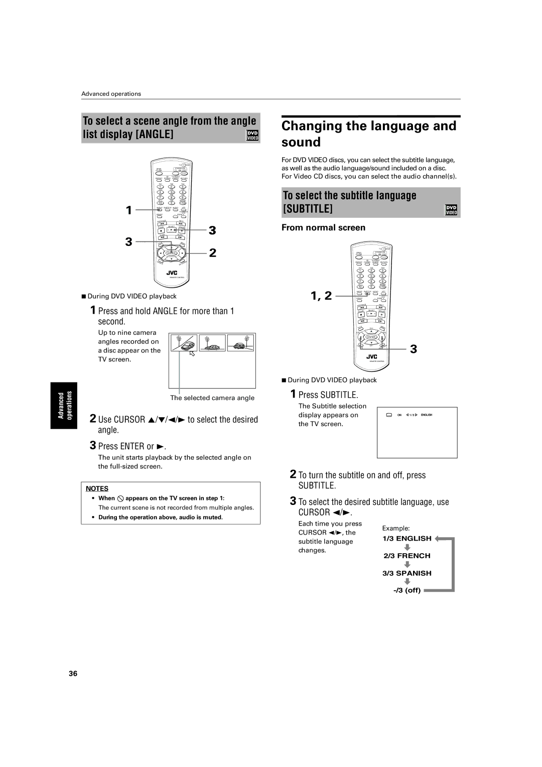 JVC XV-S60 manual Changing the language and sound, To select a scene angle from the angle list display Angle 