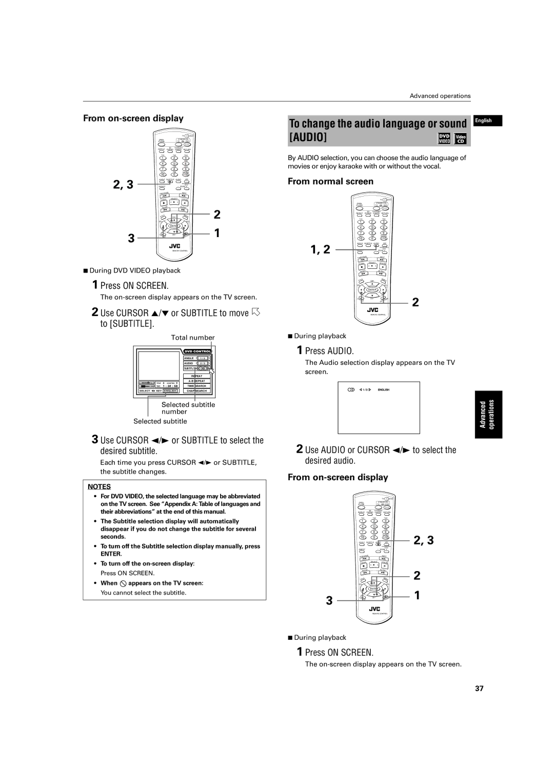 JVC XV-S60 manual To change the audio language or sound English Audio, Use Cursor 5/∞ or Subtitle to move to Subtitle 