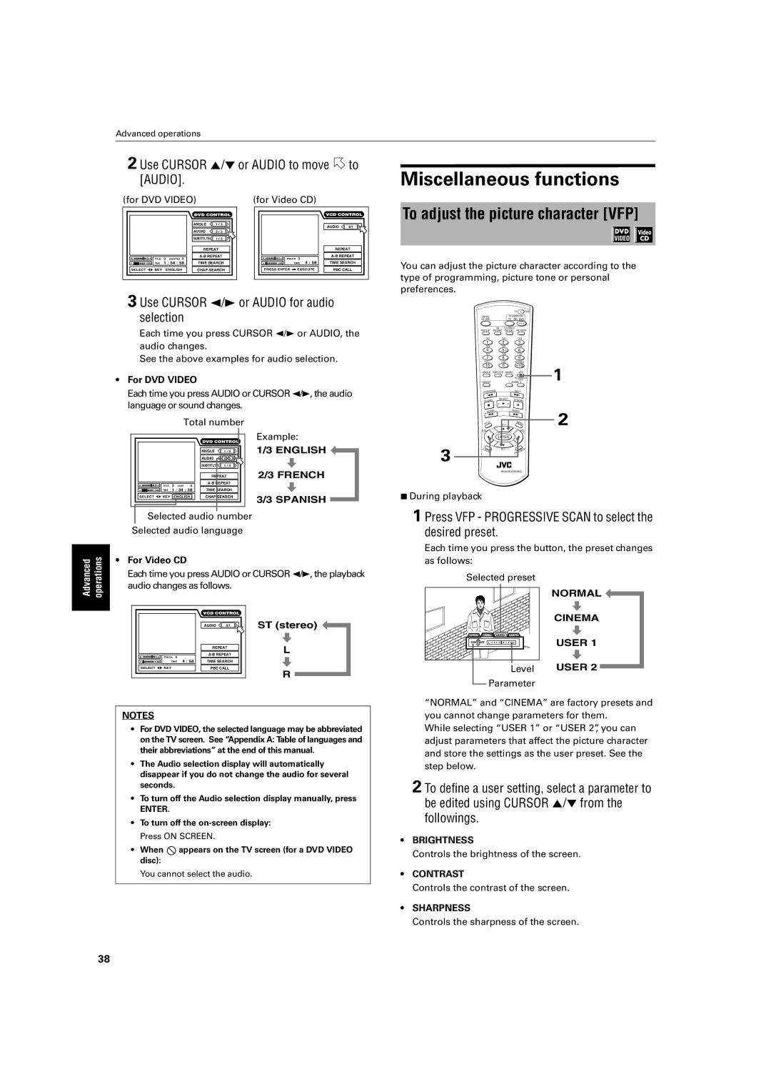 JVC XV-S60 manual Miscellaneous functions, To adjust the picture character VFP, Use Cursor 5/∞ or Audio to move to Audio 