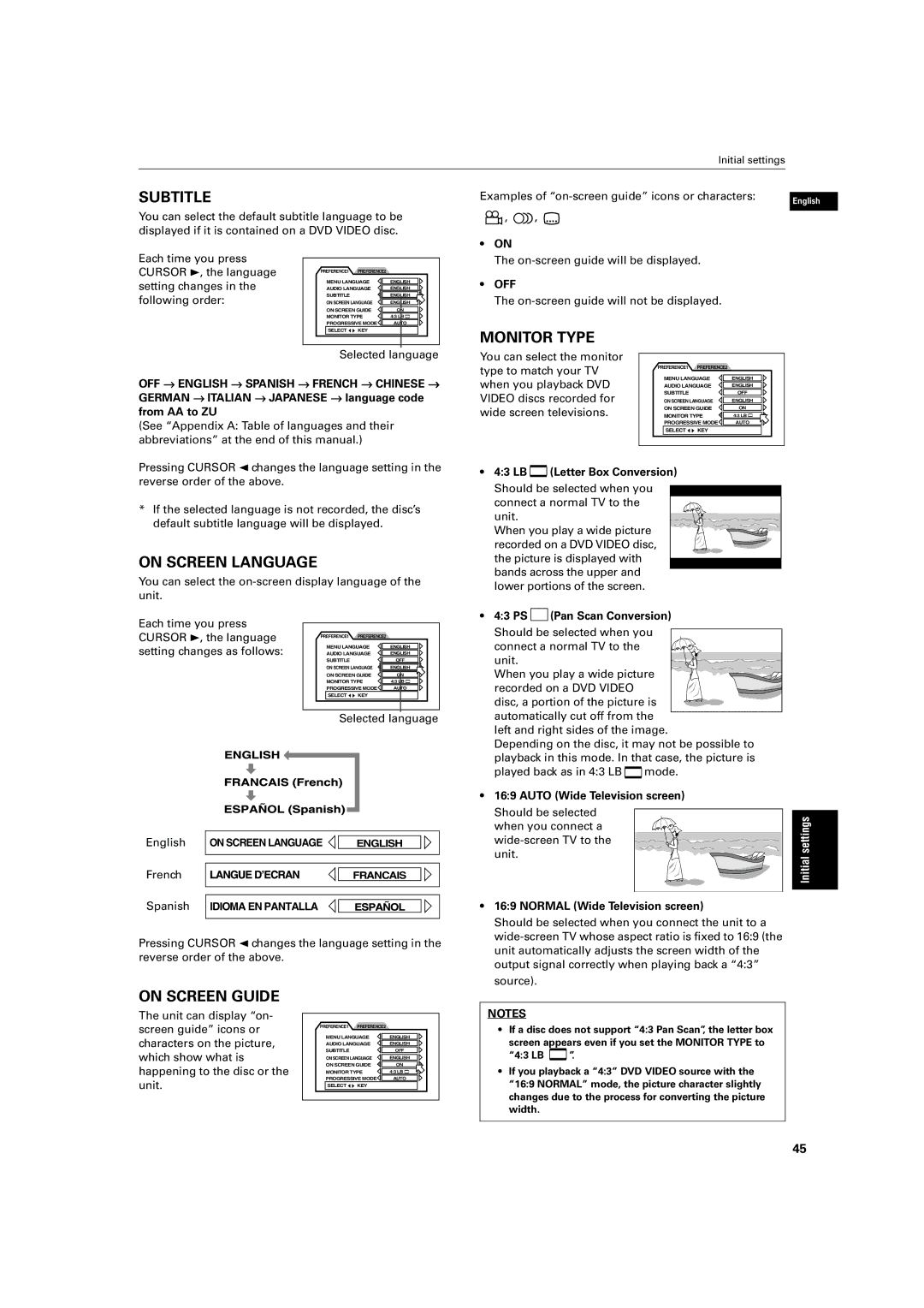 JVC XV-S60 Setting changes as follows, LB Letter Box Conversion, 43 PS, Auto Wide Television screen, Which show what is 