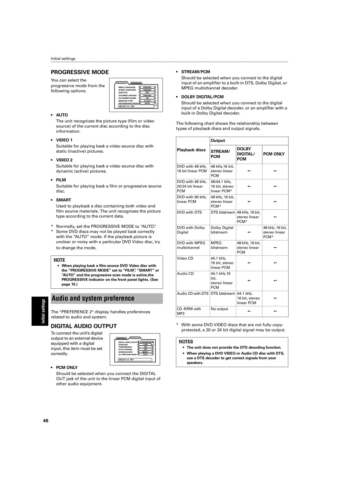 JVC XV-S60 manual Audio and system preference 