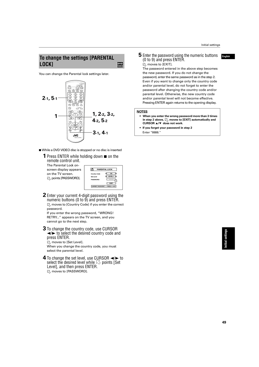 JVC XV-S60 manual To change the settings Parental Lock, Screen display appears, On the TV screen, Points Password 