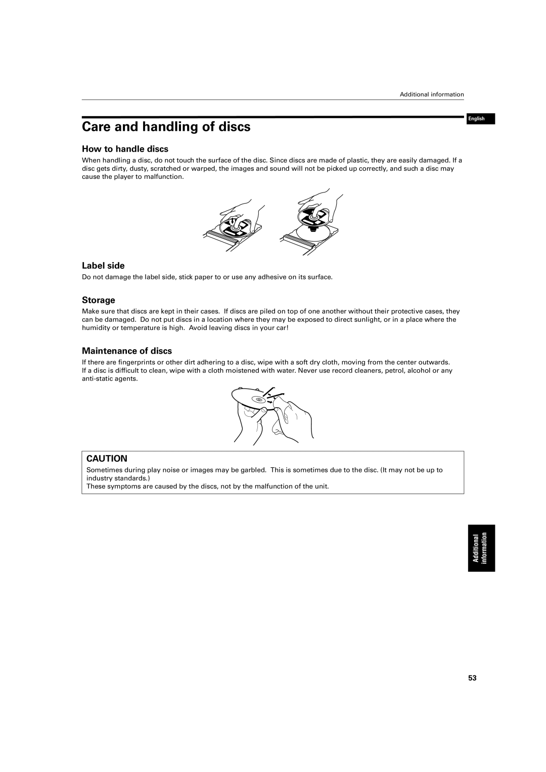 JVC XV-S60 manual Care and handling of discs, How to handle discs, Label side, Storage, Maintenance of discs 