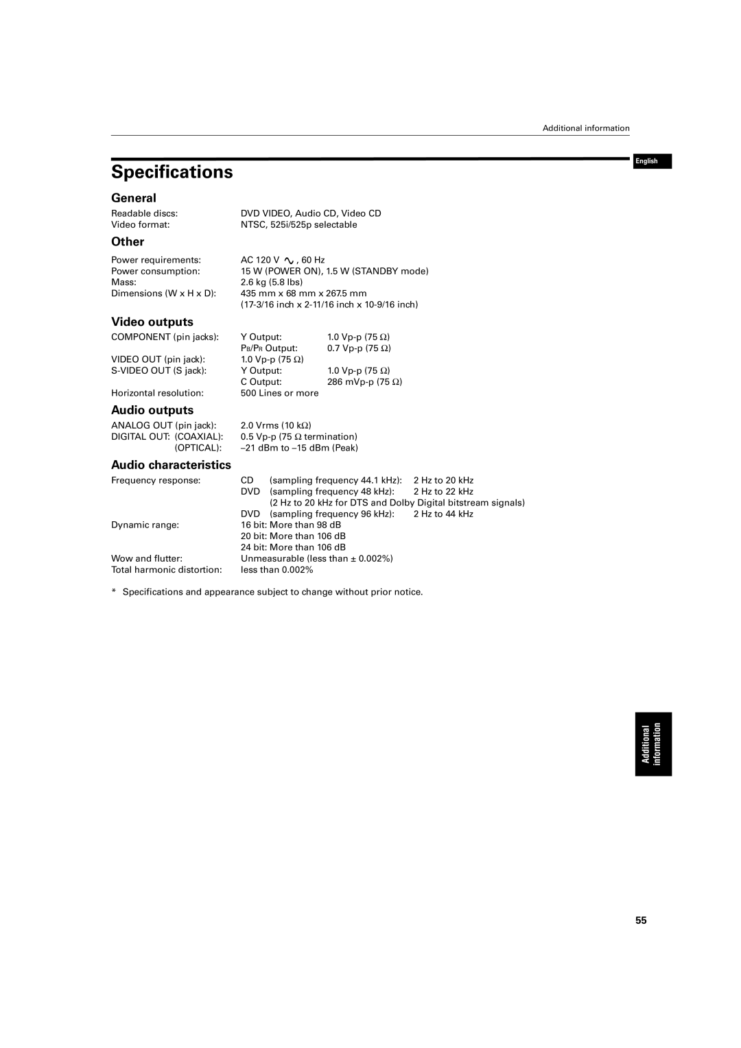 JVC XV-S60 manual Specifications 