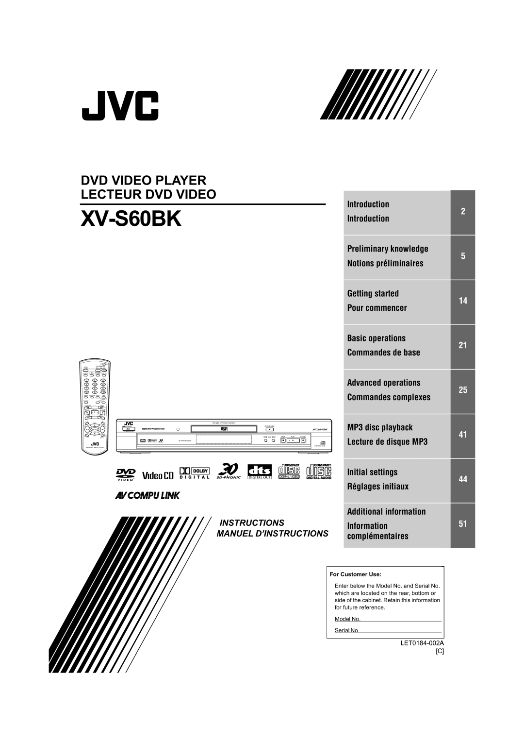 JVC XV-S60 manual 99,23/$5 /&78599,2 