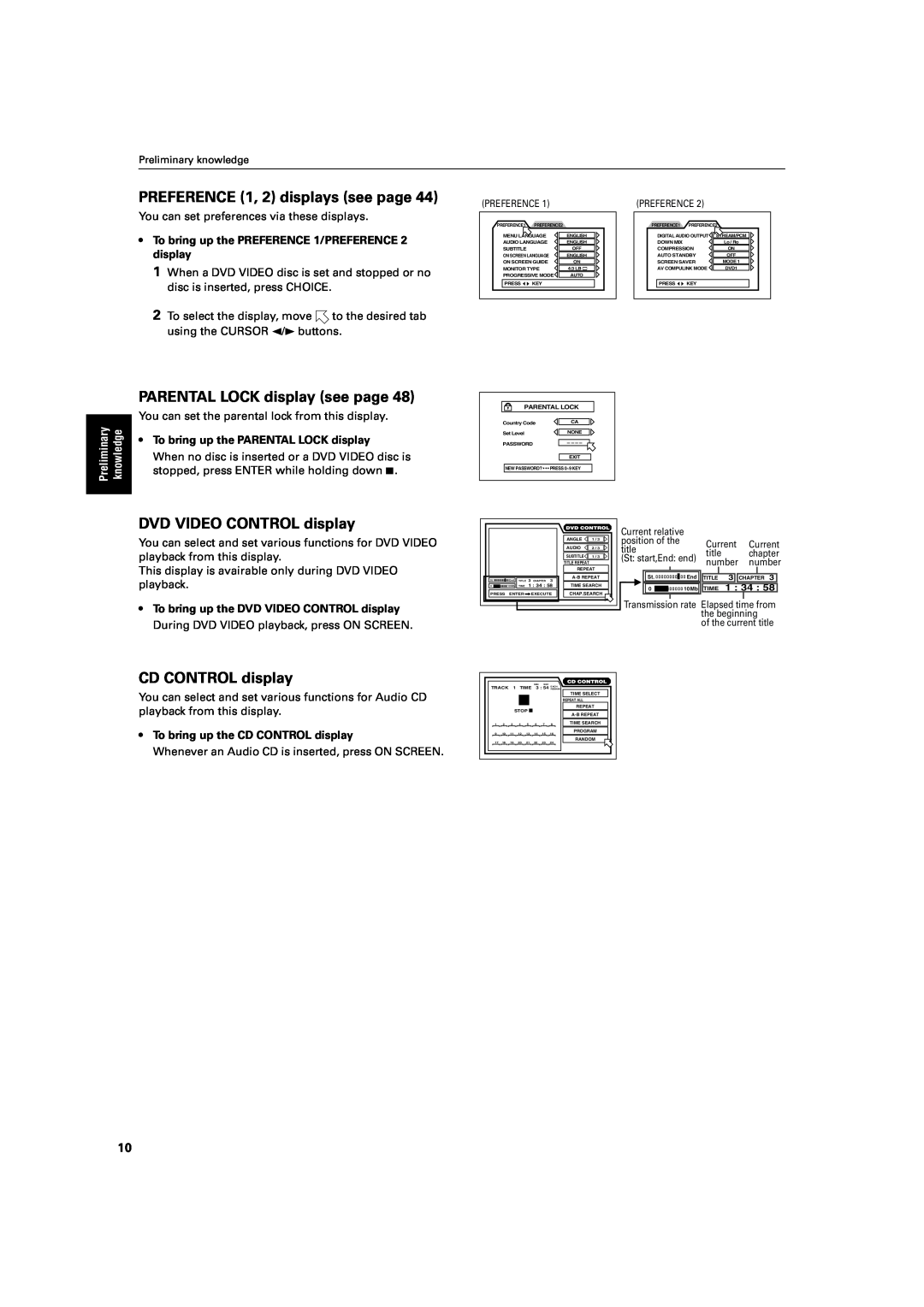 JVC XV-S60 manual PREFERENCE 1, 2 displays see page, PARENTAL LOCK display see page, DVD VIDEO CONTROL display 